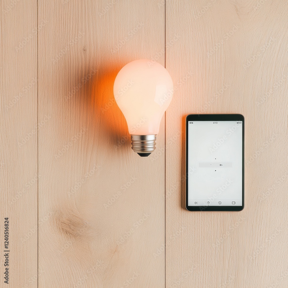 Aufkleber minimalist smart home lighting led bulb and control app on wooden surface - modern design solutions 