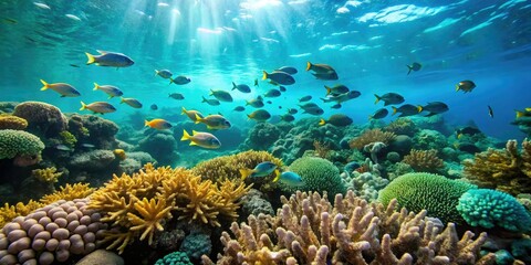 Fototapeta premium Soft focus of coral reef in turquoise water with schools of small fish swimming around, vibrant colors, underwater, coral