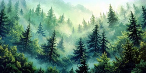 Obraz premium Lush Evergreen Forest with Misty Background and Soft Light Illuminating Pine Trees in a Serene Landscape of Nature's Beauty