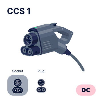 CCS 1 Combo standard charging connector plug and socket. Electric battery vehicle inlet charger detail. EV cable for DC power charge electricity. Isolated vector illustration on white background.