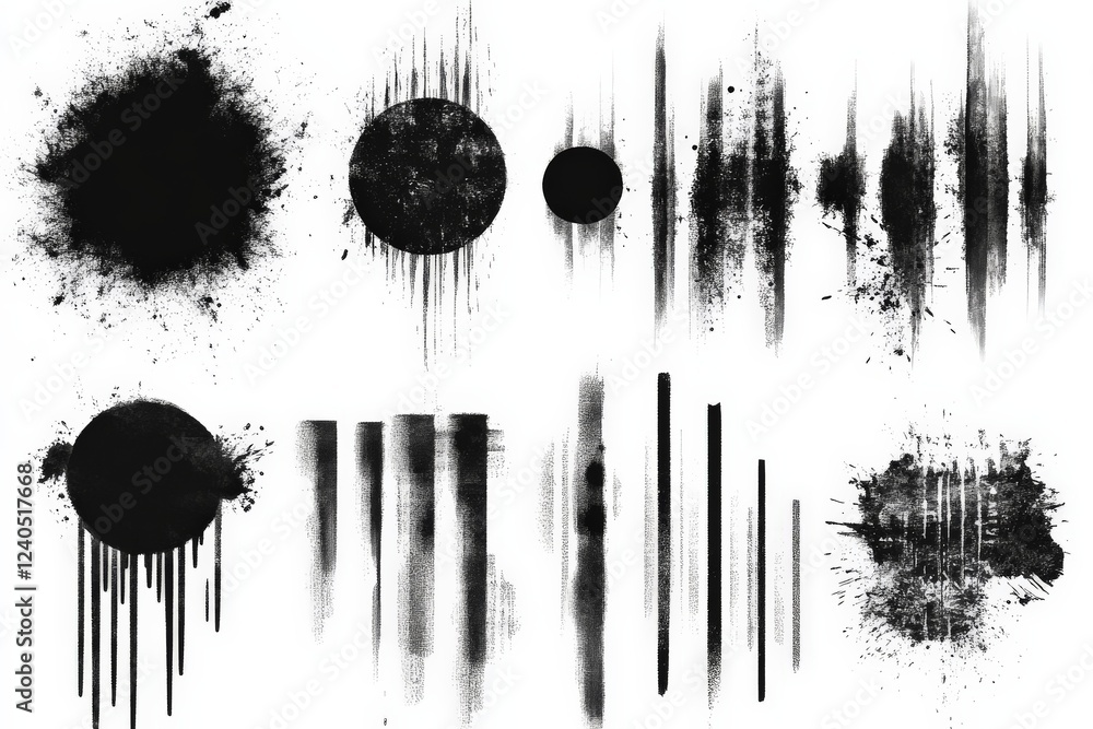 Poster black ink splatters and textures create abstract patterns on a white background in a creative design
