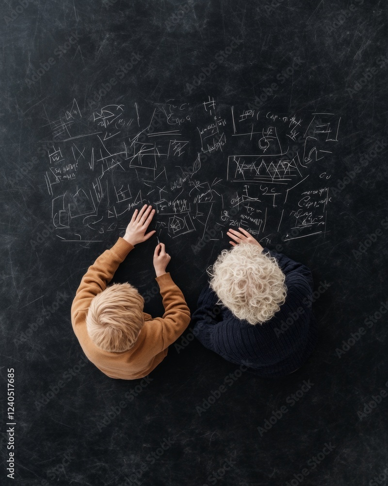Poster chalkboard geometry students solving equations amid modern classroom design - enhancing analytical s
