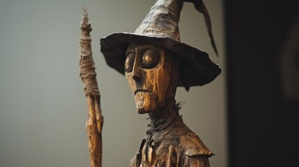 Dark Wooden Witch Figure Halloween Mystical Antique Craft Statue art old hat folk magic staff brown 