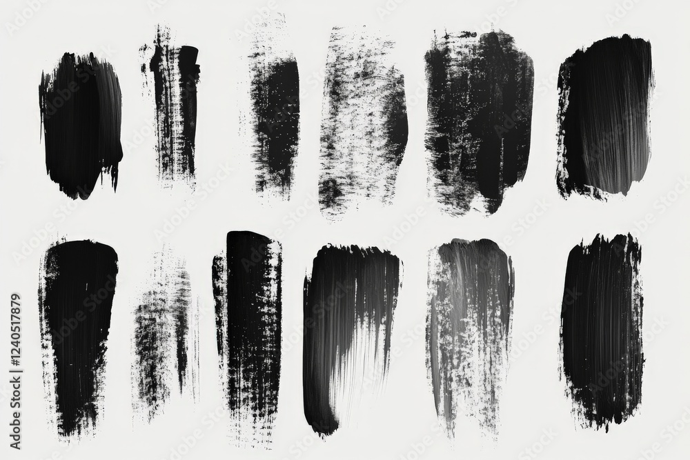 Poster Various black brush strokes on a white background showcasing different textures and styles for artistic projects