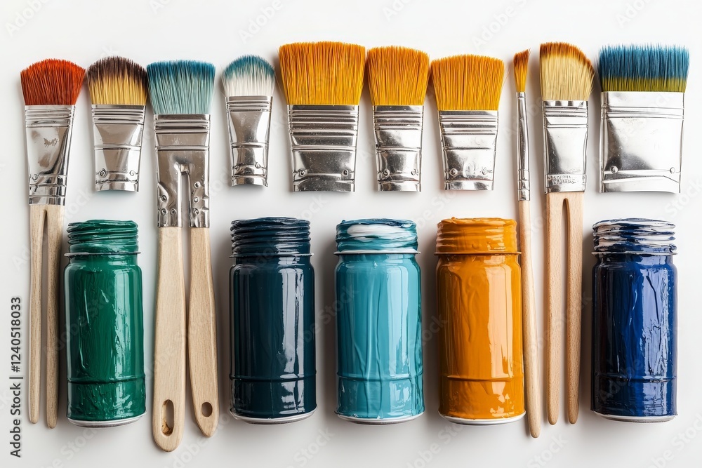 Poster colorful paint jars and brushes arranged neatly on a clean surface for an art project in a bright wo