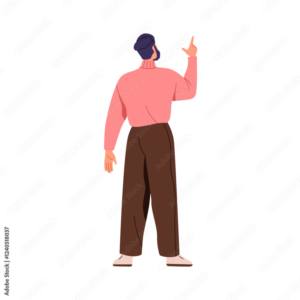Poster man, back rear view. male character standing, pointing up with finger sign. person from behind, gest