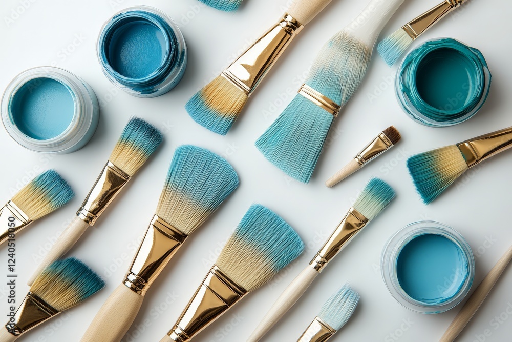 Poster various paintbrushes and containers with light blue paint arranged on a surface for creative project