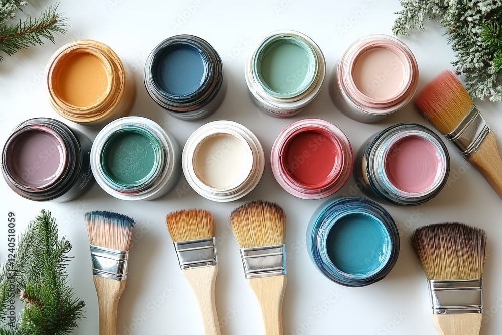 Poster colorful paint jars and brushes arranged on a table with greenery in a creative workspace