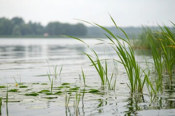 Obraz premium Softly focused image of aquatic plants swaying gently in the water's surface, waves, calm