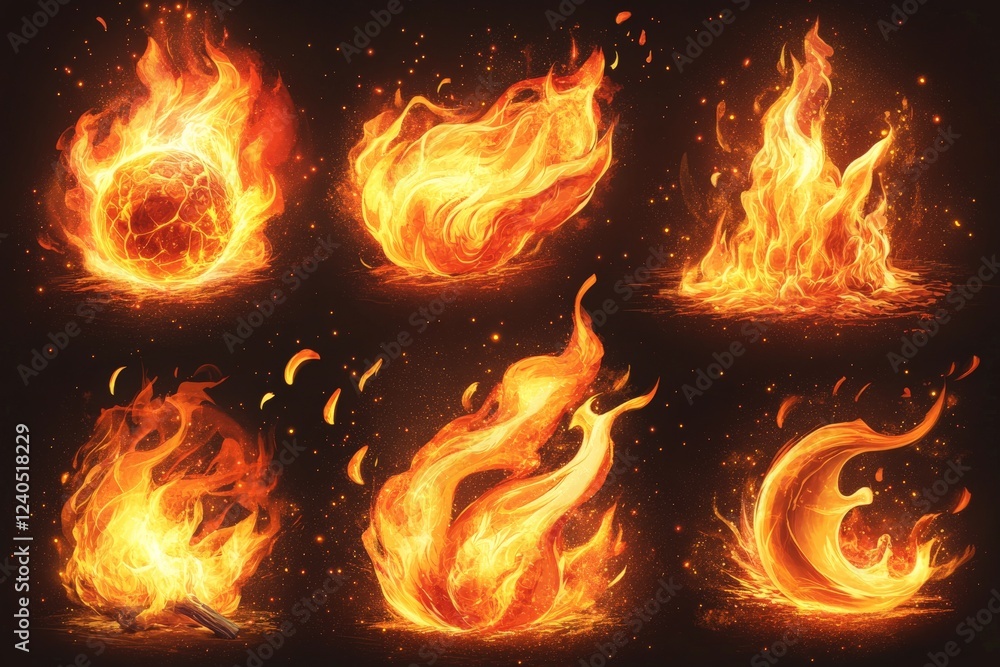 Poster various fiery elements displaying vibrant flames and glowing embers against a dark background in art