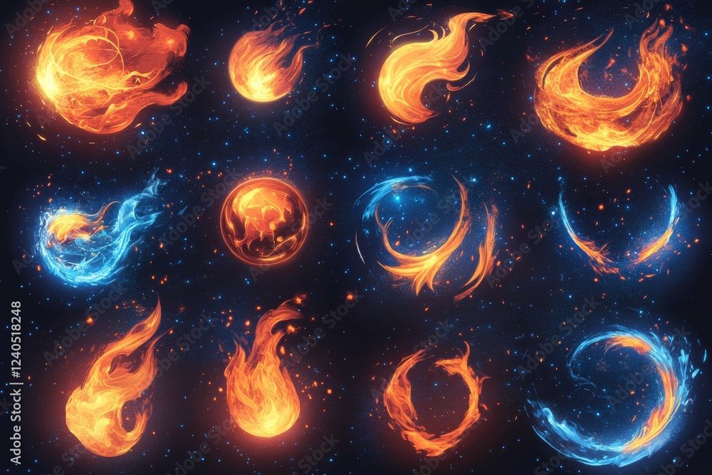 Aufkleber colorful fire and ice elements against a dark background showcasing dynamic movements and swirling d