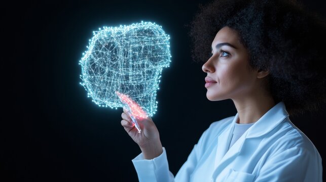 Futuristic Scientific Visualization Latina Scientist in Lab Coat with Interactive Holographic Data - Cutting-Edge Tech for Urban Research and Commercial Innovation
