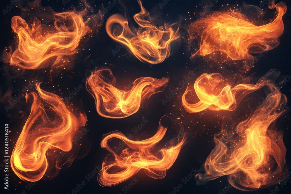 Poster dynamic patterns of fiery flames showcasing vibrant energy and motion in a dark background