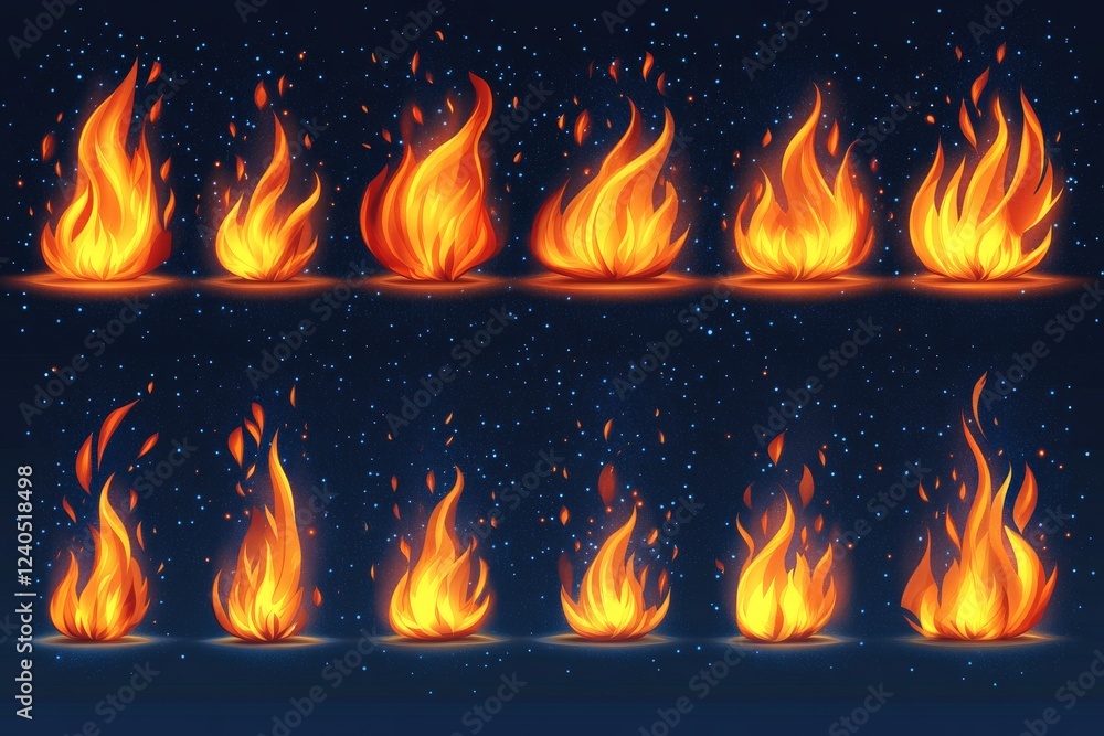 Poster collection of vibrant flame graphics showcasing various fire shapes against a dark background