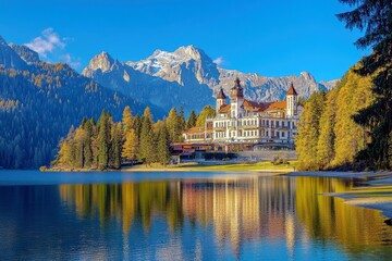 Fototapeta premium Majestic lakeside castle nestled against mountain backdrop during autumn with vibrant foliage, clear blue skies, and reflections on serene water surface