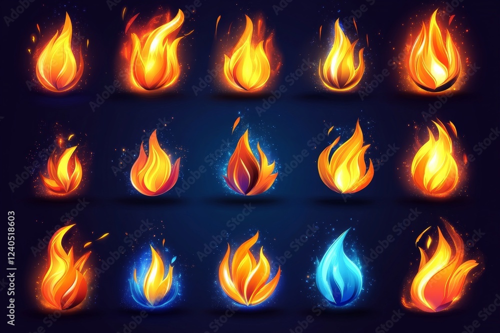 Poster Colorful flames in various styles showcasing vibrant fire effects and dynamic shapes