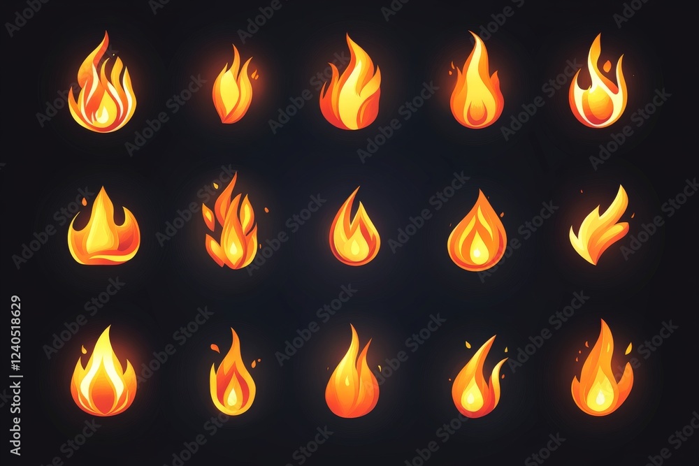 Aufkleber collection of vibrant flame icons depicting various styles and shapes of fire in a dark background