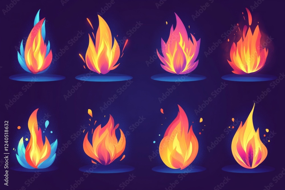 Poster colorful digital flames in an artistic display representing various fire styles and designs