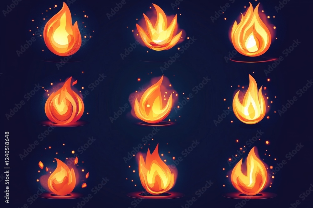 Aufkleber Diverse and vibrant flame illustrations with various shapes and sizes on a dark background