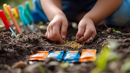 Child Planting Seeds in Garden Soil with Colorful Tools Nearby