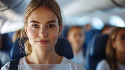 Young Woman Smiling While Holding Document on Airplane Journey
