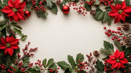 Festive Christmas floral frame, winter background, greeting card