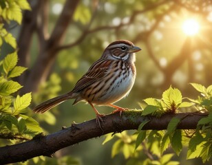 Fototapeta premium Song sparrow perched on a branch of a tree with the sun casting warm light through the leaves, sparrow, eastern neck national wildlife refuge, tree branch