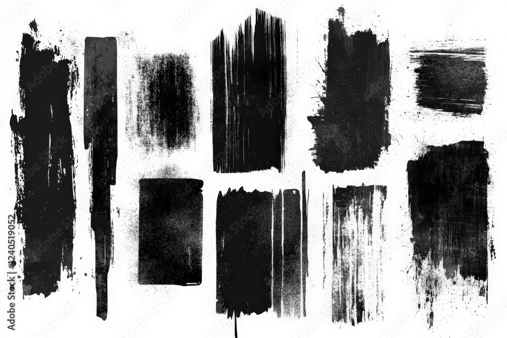 Poster Collection of Black Paint Swatches Displaying Various Textures and Patterns for Artistic Use