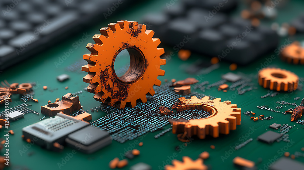 Poster mechanical decay of rusty gears on circuit board industrial setting close-up photography macro envir