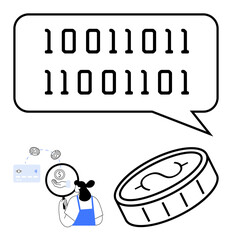 Binary code in speech bubble, magnifying glass over dollar symbol, credit card, and coin. Ideal for finance, digital currency, programming, data analysis technology banking cybersecurity. Abstract