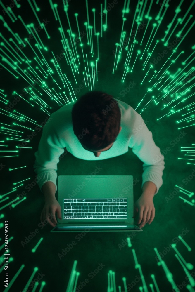 Poster Neon Cybersecurity Interface Overhead View of User with Laptop Amidst Digital Streams - Innovative Personal Data Safety Content for Tech and Marketing Strategies