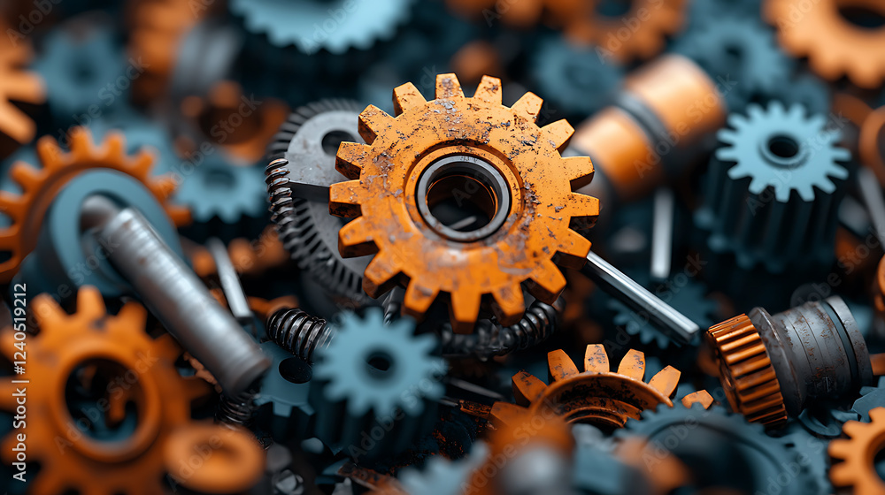 Poster rusty mechanical obsolescence a visual exploration of gears and components in an industrial setting 