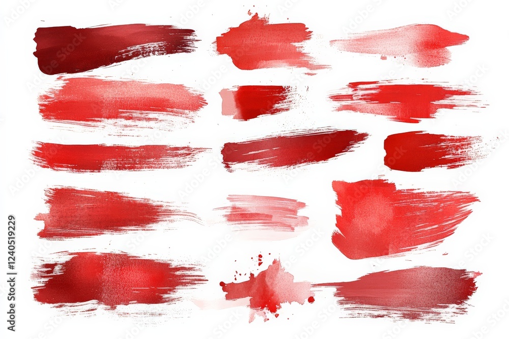 Poster Collection of red paint strokes showcasing different brush techniques and textures on a white canvas