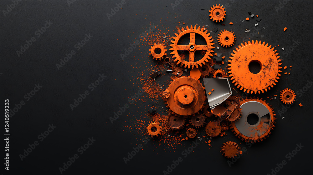 Poster rusty mechanical obsolescence artwork abstract composition industrial environment close-up view visu