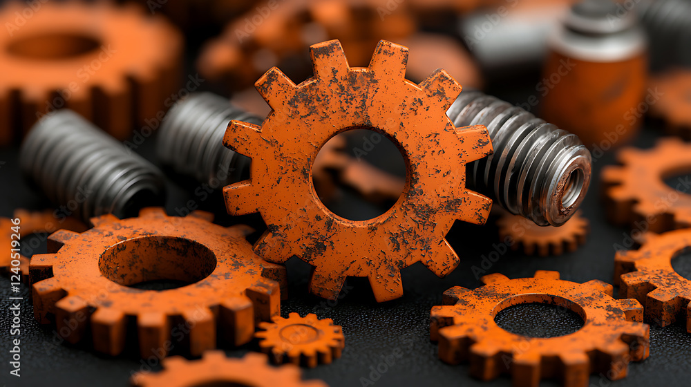 Poster rusty gears and mechanical obsolescence industrial workshop close-up photography dim lighting macro 