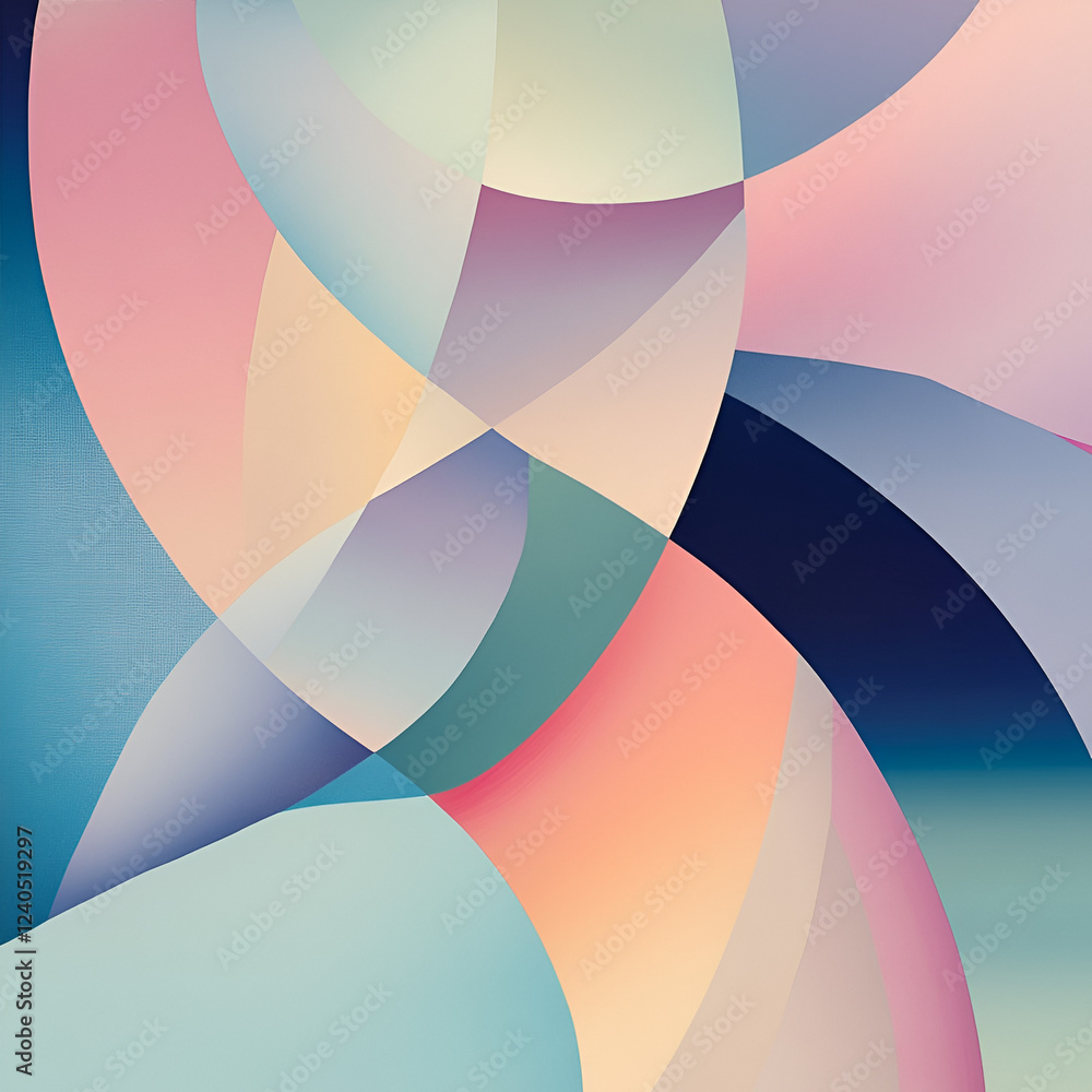Poster Abstract Geometric Delight: An captivating abstract composition features a harmonious arrangement of curved and angular shapes, soft gradients of color creating a dynamic interplay of form and light.