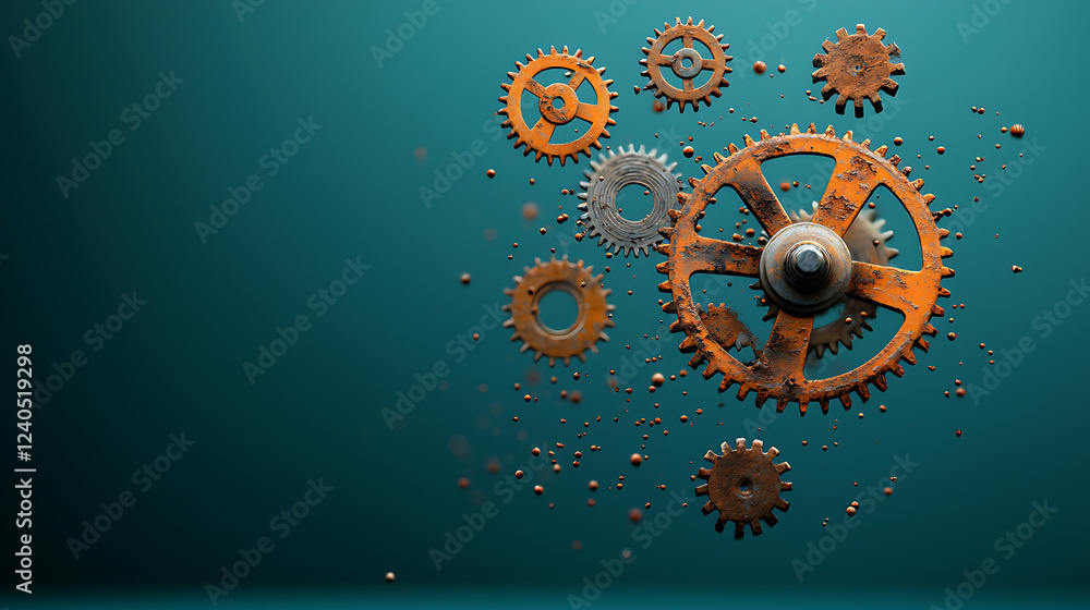 Poster Mechanical obsolescence rusty gears and cogs in abstract composition industrial setting digital artwork close-up view visual contrast