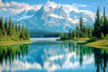 Fototapeta premium Serene Mountain Landscape with Clear Blue Waters, Lush Green Forest, and Majestic Peaks Under a Bright Sky with Fluffy Clouds