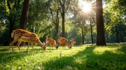 A family of deer grazing in a forest surrounded by spring foliage