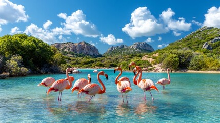 A group of flamingos wading in shallow water, with a calm reflection of the birds