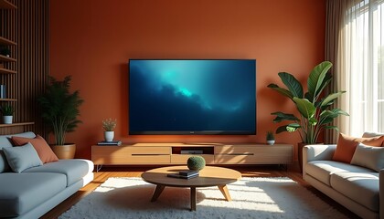 Naklejka premium Modern Living Room with Large Screen Tv and Peaceful Scenery