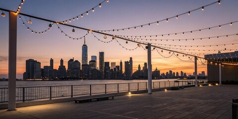 Obraz premium Sparkling fairy lights draped across a modern cityscape at sunset, neon glow, downtown