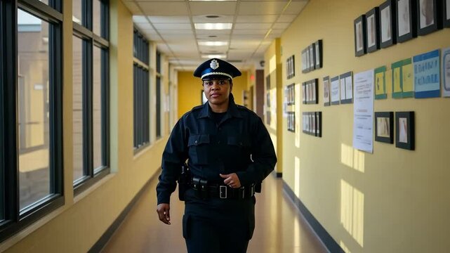 Officer, school and police with woman, security and law enforcement for safety. Female, authority and building with protection, service and uniform for community patrol
