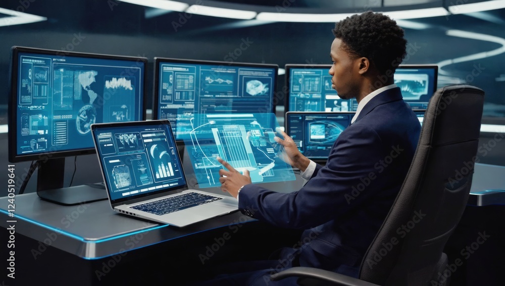 Poster man analyzing data on holographic display in futuristic office