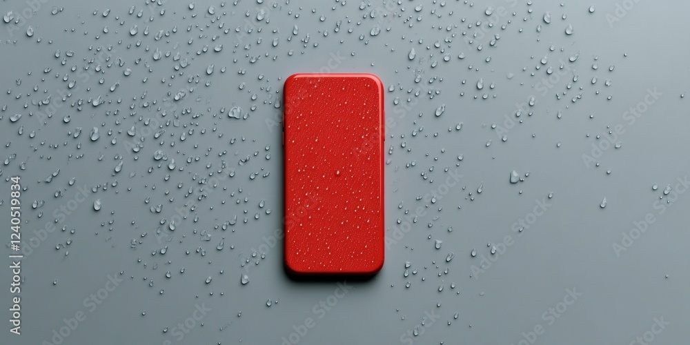 Poster Sleek Modern Weather App Interface Red Textured Smartphone with Real-Time Forecast on Water-Repellent Surface - Dynamic Consumer Tech for Seamless Data Access