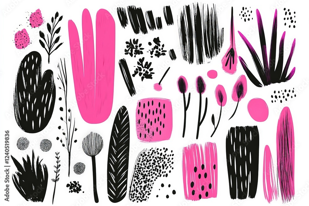 Poster colorful abstract botanical patterns featuring pink and black elements on a white backdrop