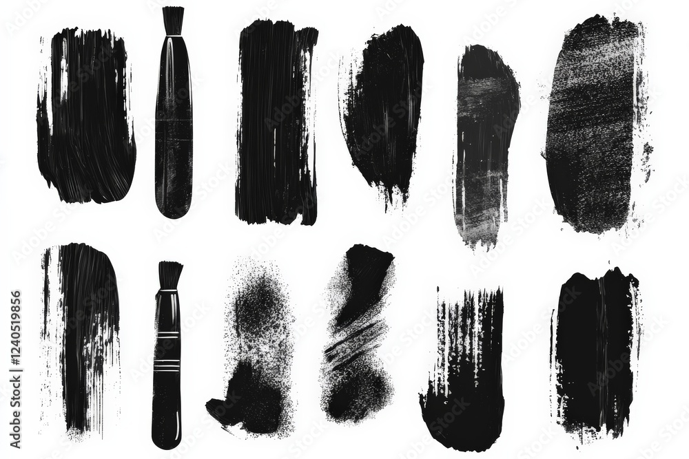 Poster collection of black brush strokes showcasing different textures and techniques for artistic use in d