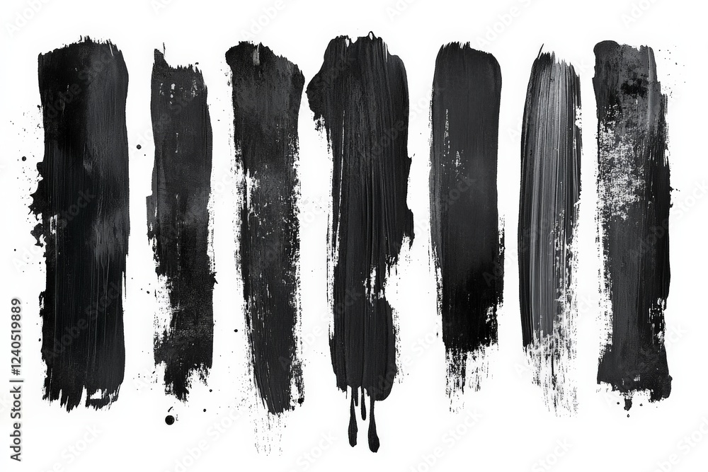 Poster Striking black paint strokes arranged vertically on a white canvas showcasing artistic texture and contrast