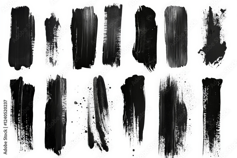 Poster various black paint strokes on a white background showcasing artistic brush techniques and patterns