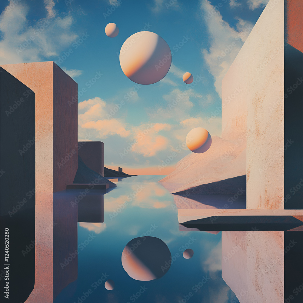 Poster dreamscape reflection: an abstract architectural landscape featuring geometric forms and floating sp